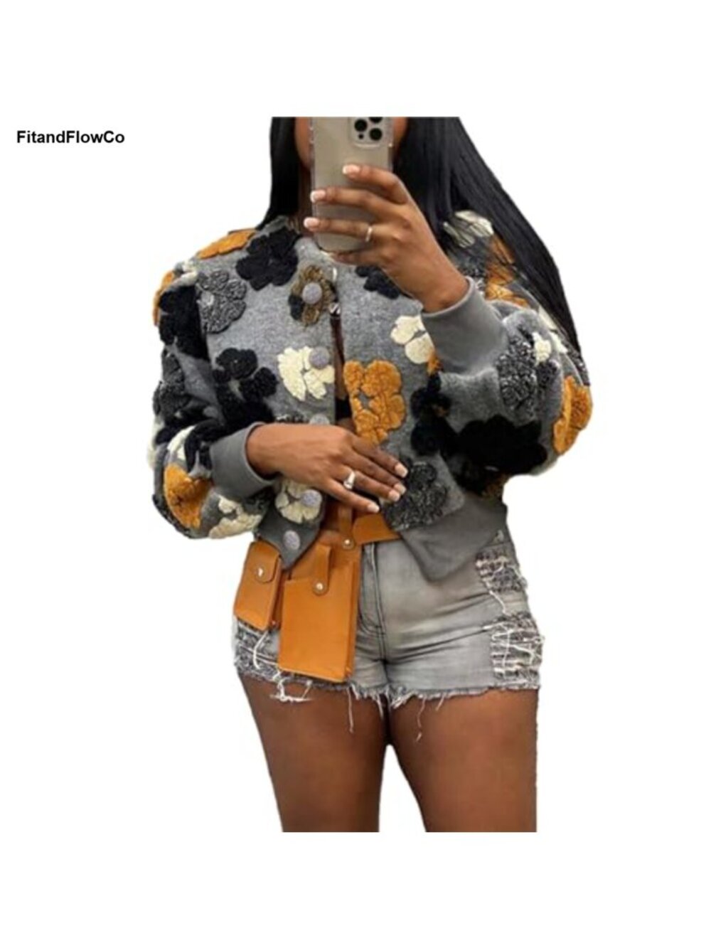 Cropped Sherpa Fleece Bomber Jacket Floral Print Button Coat
